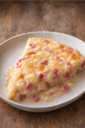 Delicious crustless rhubarb custard pie slice on a plate