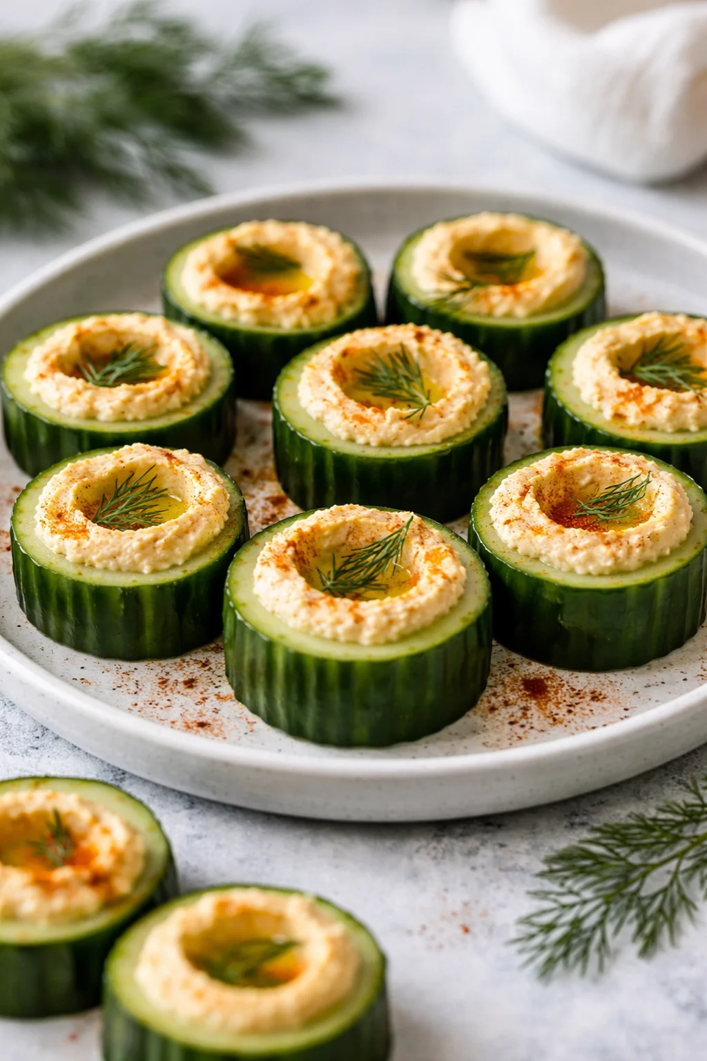 Cucumber Hummus Bites served on a platter with fresh ingredients