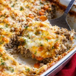Cheesy Ground Beef Casserole in a dish, topped with melted cheese and ready to serve.