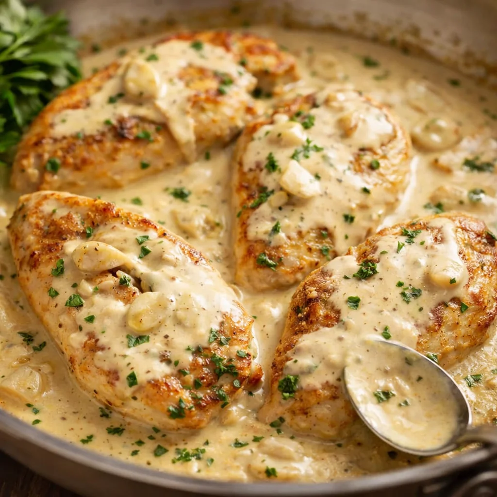 Delicious creamy chicken served with a flavorful garlic sauce for easy weeknight meals.