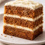 Slice of deliciously moist carrot cake topped with cream cheese frosting