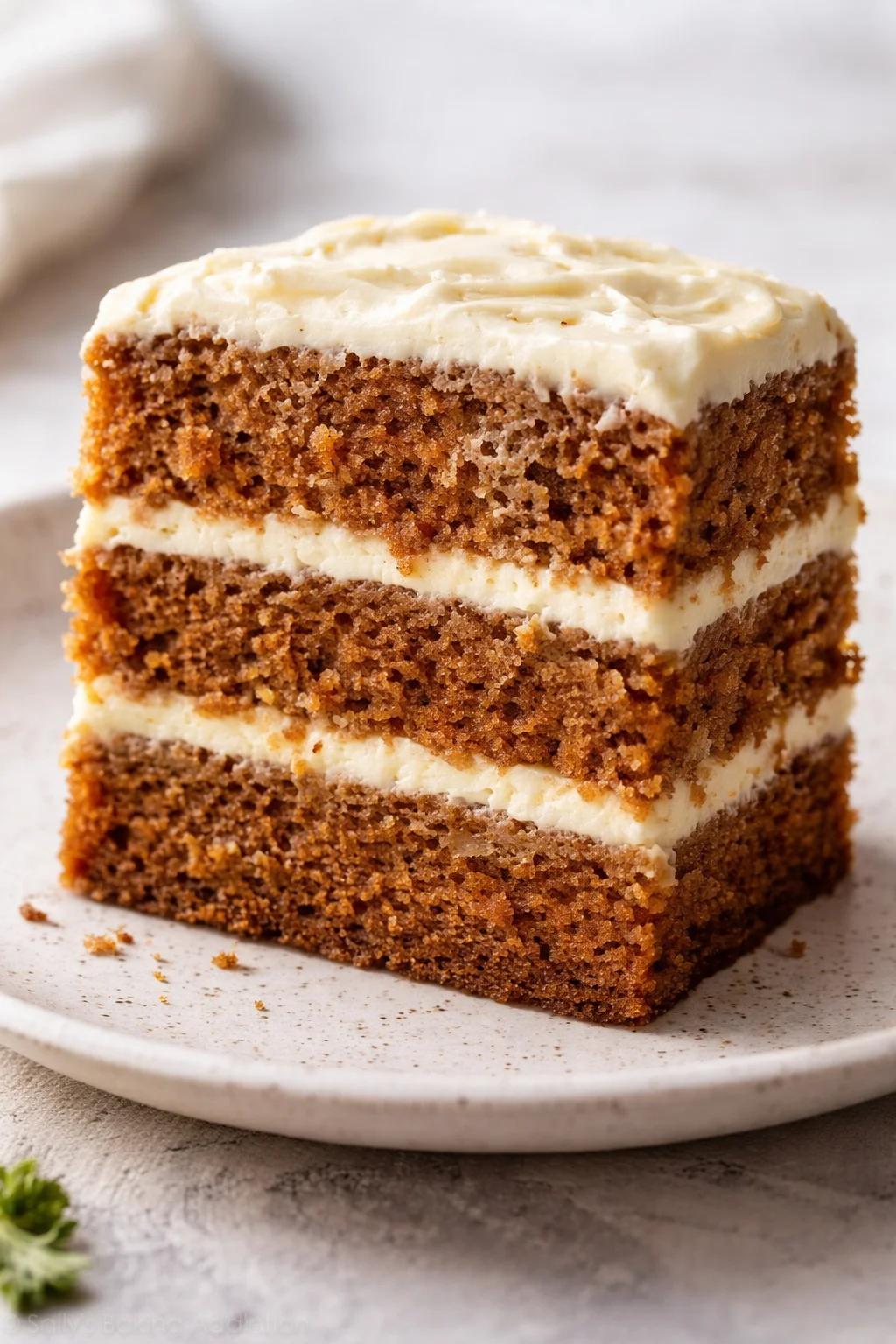 Slice of deliciously moist carrot cake topped with cream cheese frosting