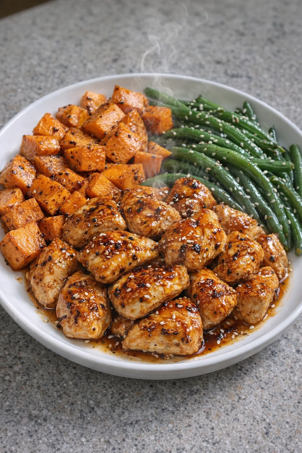 Honey garlic chicken served with roasted sweet potatoes on a dinner plate.