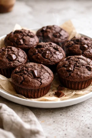 Delicious double chocolate chip muffins with melted chocolate chips on top