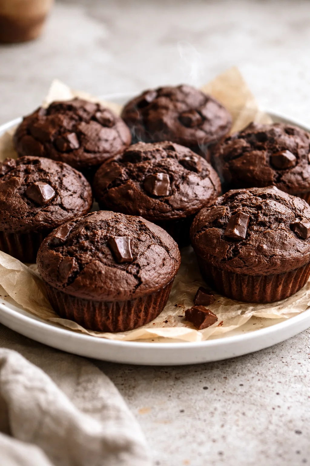 Delicious double chocolate chip muffins with melted chocolate chips on top