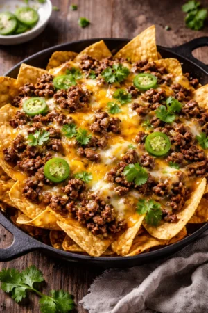 Delicious easy cheesy beef nachos topped with melted cheese and fresh toppings