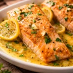 Deliciously baked lemon butter salmon fillets with a rich garlic glaze.