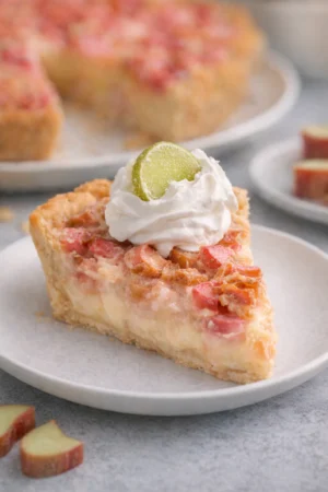 Slice of easy rhubarb custard pie on a plate with fork