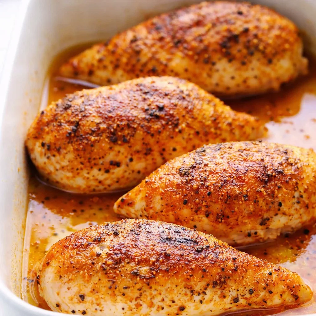 Juicy oven baked chicken breast served with a side of vegetables for a healthy dinner.