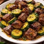 Garlic Butter Steak Bites served with zucchini on a plate