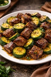 Garlic Butter Steak Bites served with zucchini on a plate