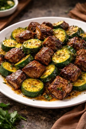 Garlic Butter Steak Bites served with zucchini on a plate