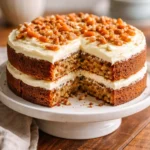 Delicious gluten-free carrot cake topped with cream cheese frosting and walnuts.
