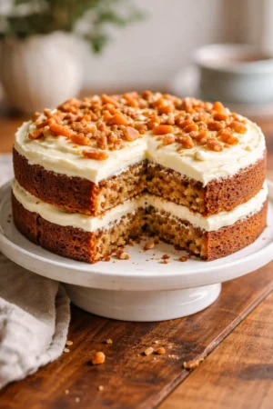 Delicious gluten-free carrot cake topped with cream cheese frosting and walnuts.