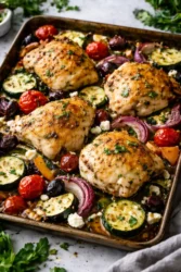 Delicious Greek Sheet Pan Chicken served with vegetables on a baking sheet