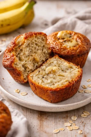 Freshly baked Greek Yogurt Banana Muffins on a wooden table
