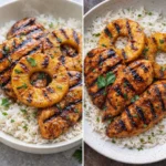 Hawaiian Chicken served with pineapple and coconut rice on a plate.