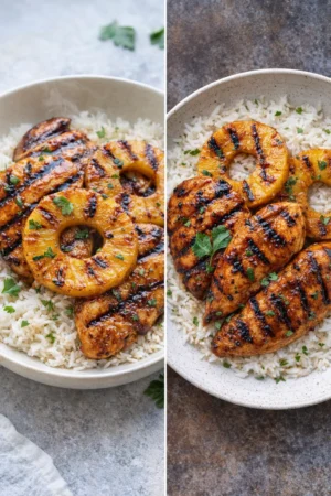 Hawaiian Chicken served with pineapple and coconut rice on a plate.