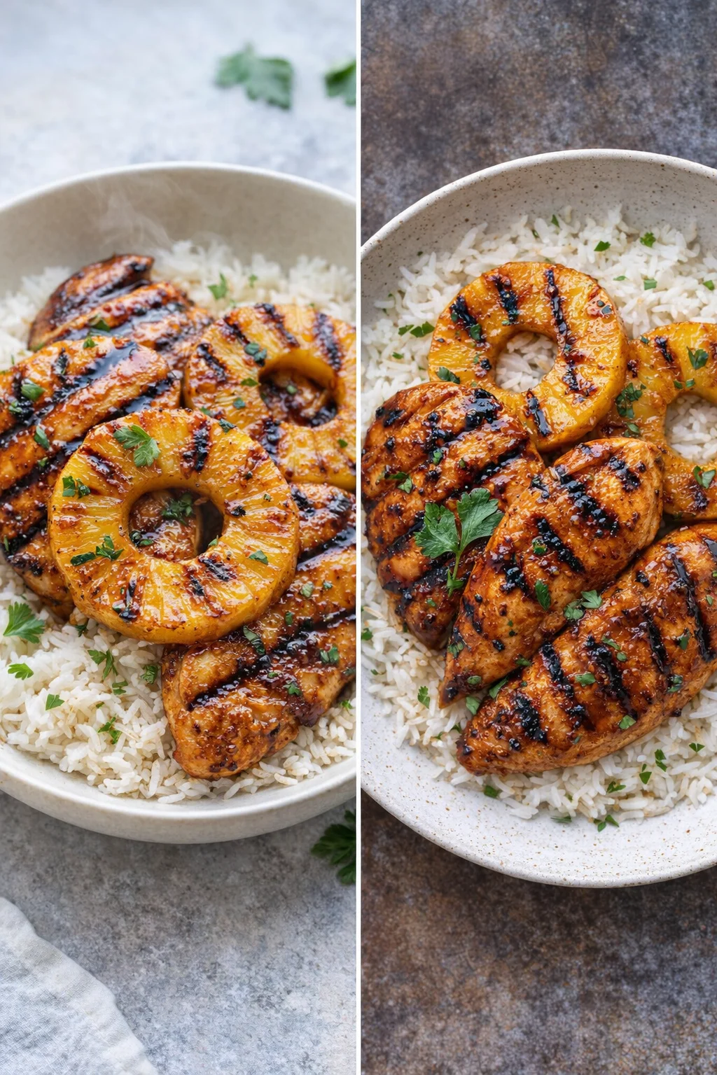 Hawaiian Chicken served with pineapple and coconut rice on a plate.