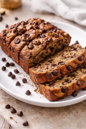 Slice of healthier chocolate chip banana bread on a wooden cutting board