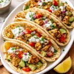 Healthy Mediterranean chicken tacos served with fresh toppings and herbs