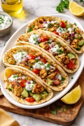 Healthy Mediterranean chicken tacos served with fresh toppings and herbs