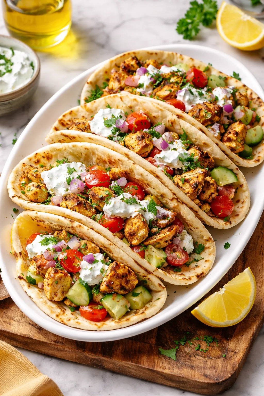 Healthy Mediterranean chicken tacos served with fresh toppings and herbs
