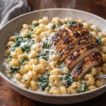 High protein garlic parmesan pasta bowl with healthy ingredients and 384 calories