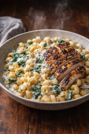High protein garlic parmesan pasta bowl with healthy ingredients and 384 calories