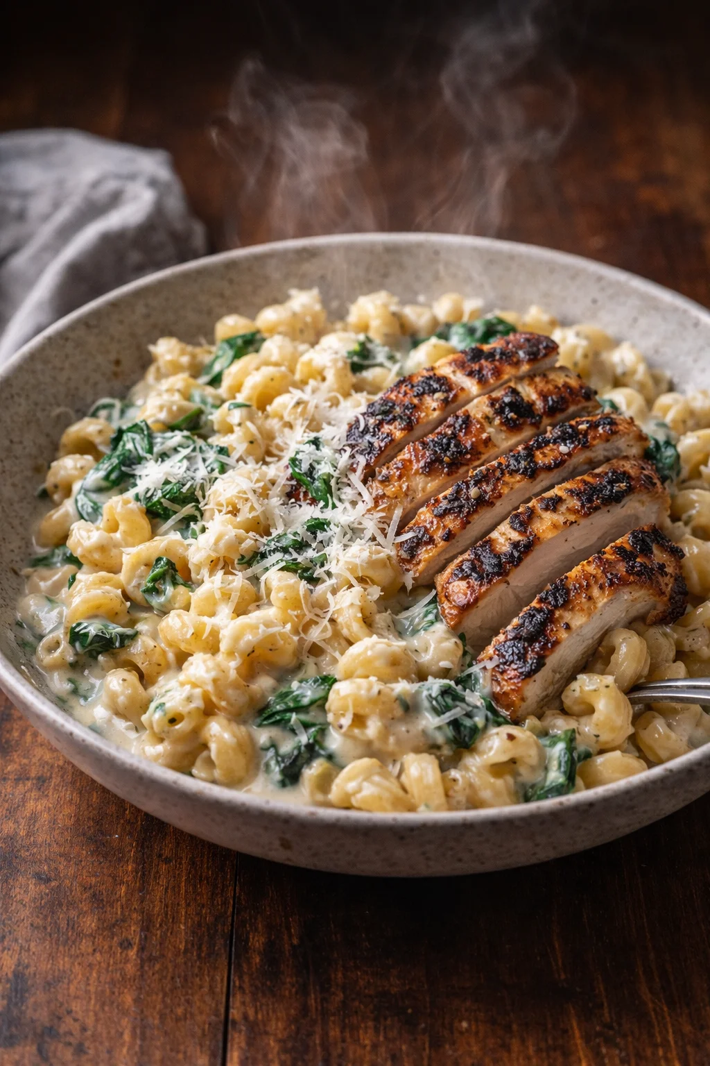 High protein garlic parmesan pasta bowl with healthy ingredients and 384 calories