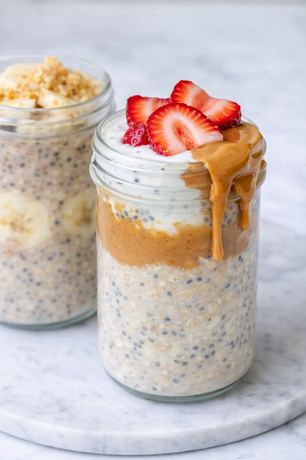 Delicious bowl of high-protein overnight oats topped with fruits and nuts