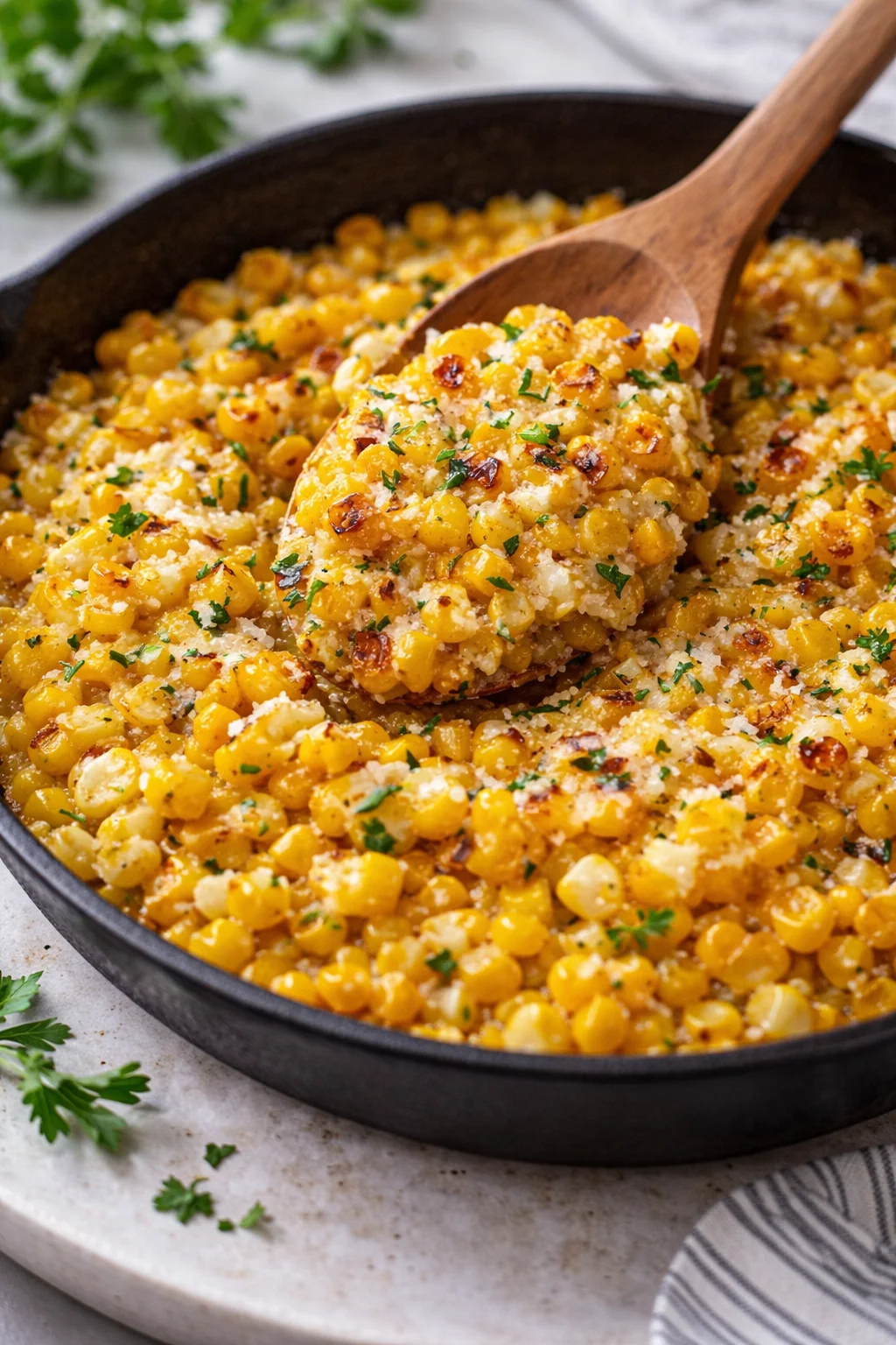 Delicious Honey Butter Skillet Corn served in a skillet for a tasty side dish