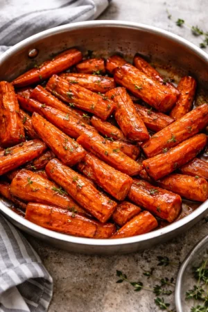 Deliciously glazed honey roasted carrots served as a flavorful side dish