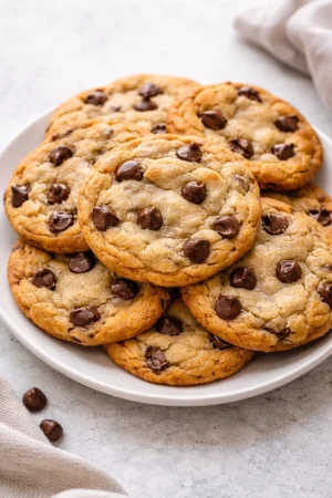 Freshly baked irresistible bakery style chocolate chip cookies on a plate