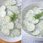 Fresh cucumber salad garnished with herbs served in a bowl