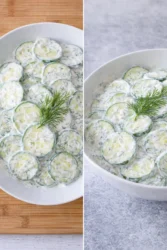 Fresh cucumber salad garnished with herbs served in a bowl