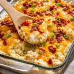 Loaded baked potato casserole topped with cheese and bacon