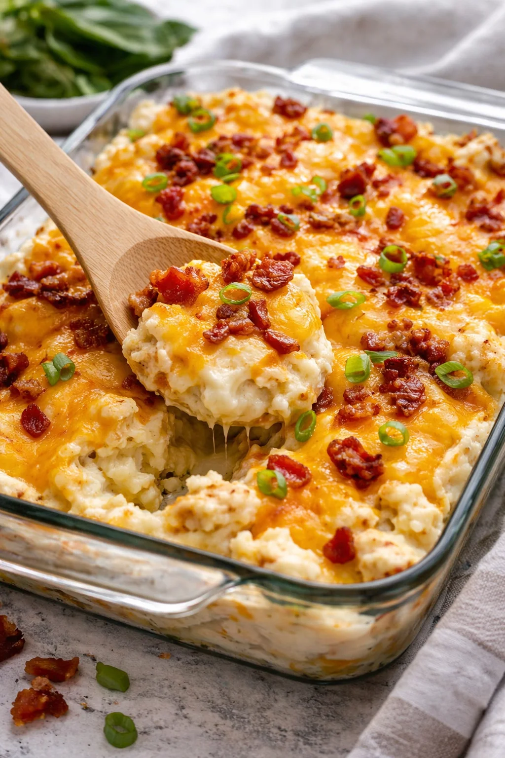 Loaded baked potato casserole topped with cheese and bacon