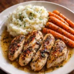 Plate of garlic herb chicken with mashed potatoes and glazed carrots