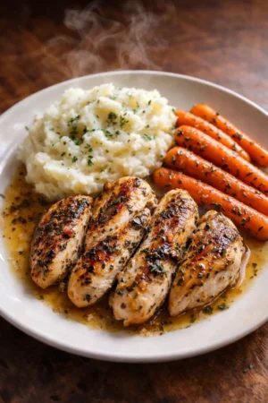 Plate of garlic herb chicken with mashed potatoes and glazed carrots