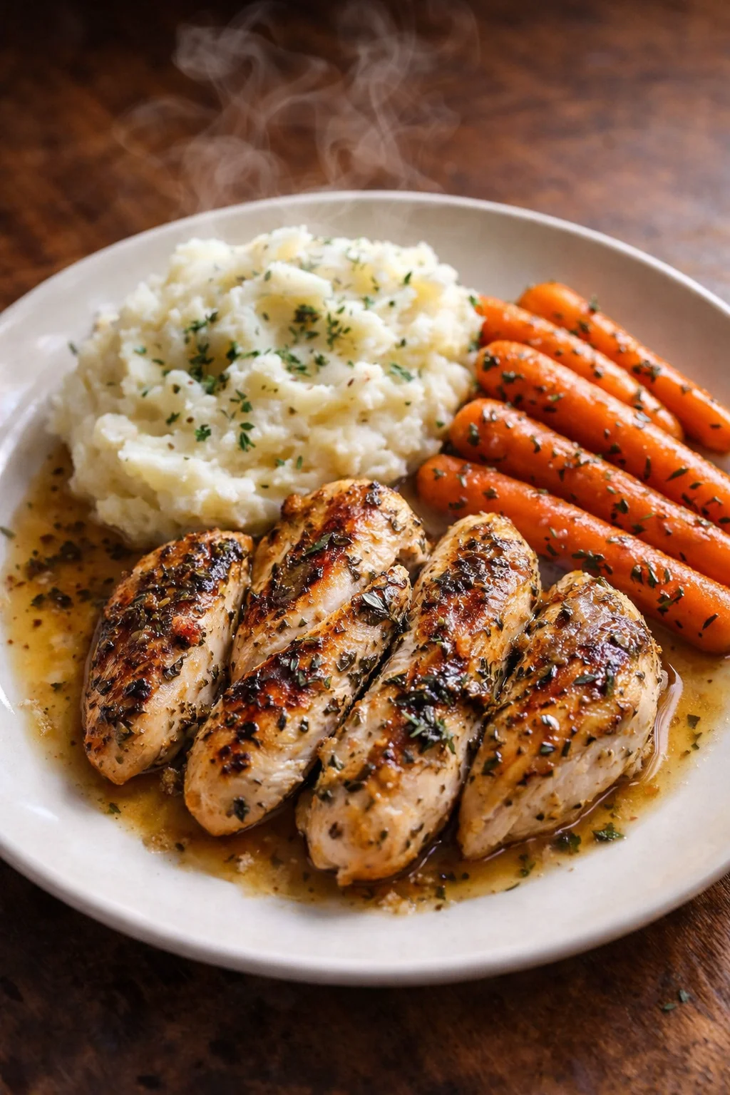 Plate of garlic herb chicken with mashed potatoes and glazed carrots
