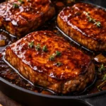 Maple glazed pork chops garnished with herbs on a white plate