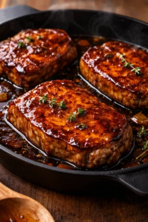 Maple glazed pork chops garnished with herbs on a white plate