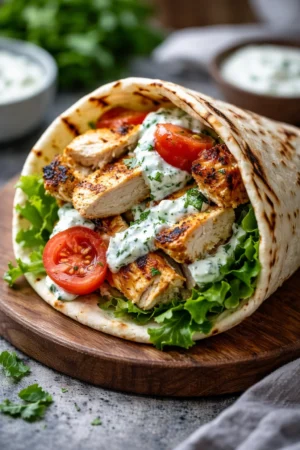 Mediterranean Chicken Gyros served with creamy feta tzatziki sauce