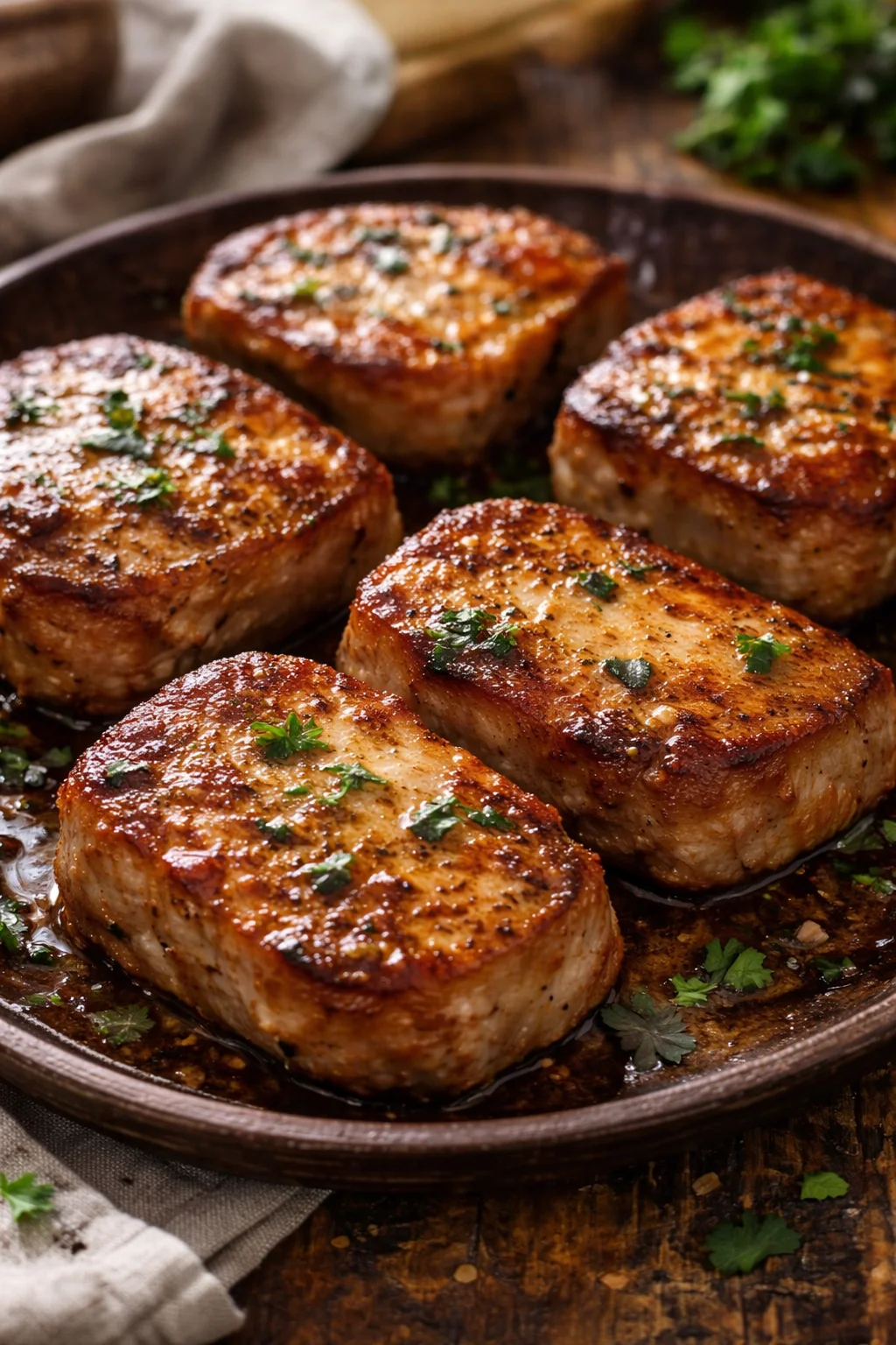Juicy melt-in-your-mouth pork chops served with herbs and spices