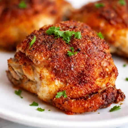 Crispy baked chicken thighs with golden skin, juicy meat, and simple seasoning.