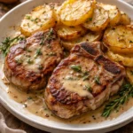 Succulent pork chops served with creamy scalloped potatoes on a plate