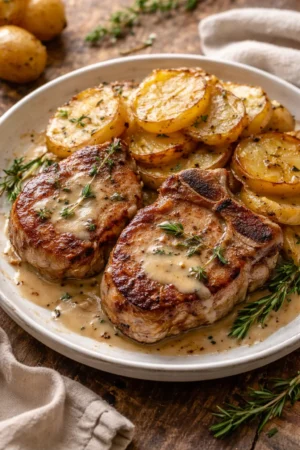 Succulent pork chops served with creamy scalloped potatoes on a plate