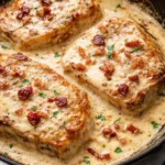 Delicious pork chops topped with creamy bacon sauce served on a plate