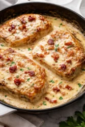 Delicious pork chops topped with creamy bacon sauce served on a plate